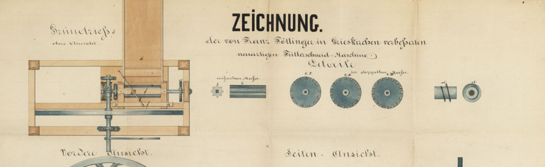 Рисунка на първата машина за рязане на фураж, произведена от Франц Пьотингер